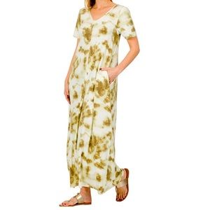 Olive Tie - Dye V-Neck Short-Sleeve Pocket Maxi Dress